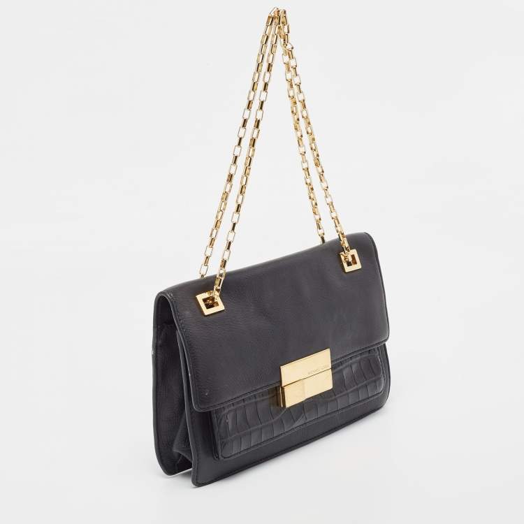Pre Owned Michael Kors Black Leather and Croc Embossed Chain Shoulder Bag