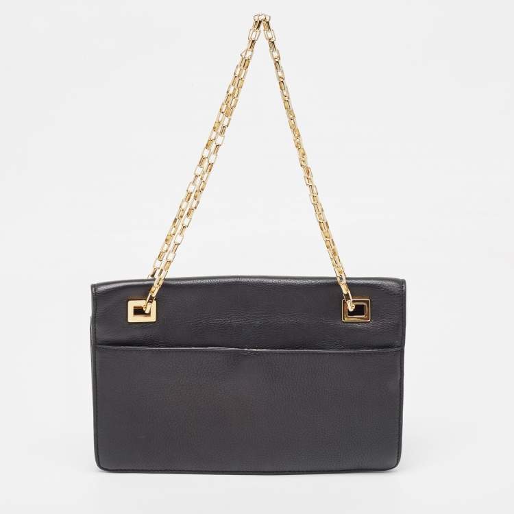 Pre Owned Michael Kors Black Leather and Croc Embossed Chain Shoulder Bag