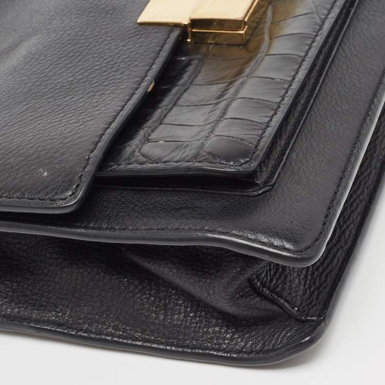 Pre Owned Michael Kors Black Leather and Croc Embossed Chain Shoulder Bag