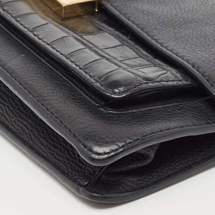 Pre Owned Michael Kors Black Leather and Croc Embossed Chain Shoulder Bag
