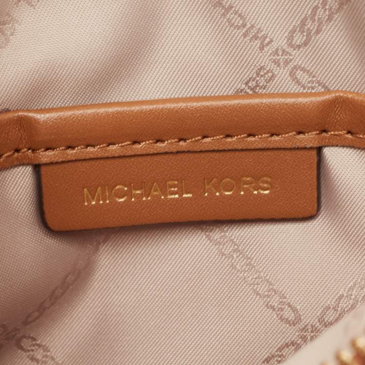 Pre Owned Michael Kors Brown/Tan Signature Coated Canvas Zip Wristlet Pouch