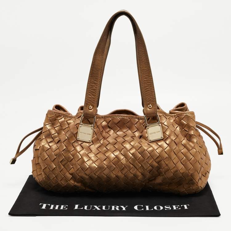 Pre Owned Michael Kors Gold Woven Leather Drawstring Tote