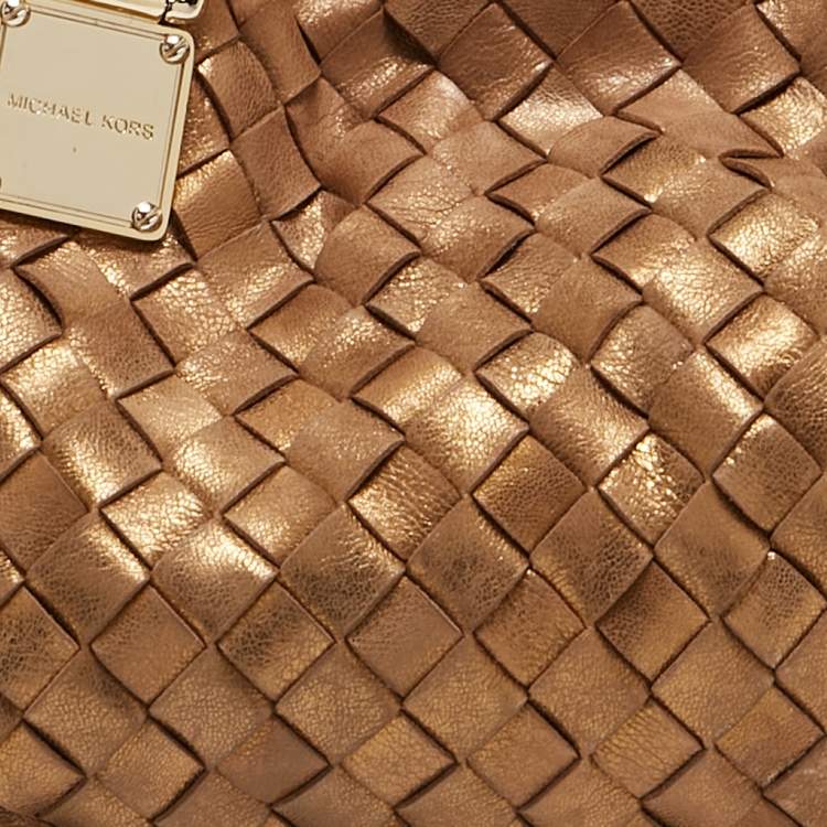 Pre Owned Michael Kors Gold Woven Leather Drawstring Tote