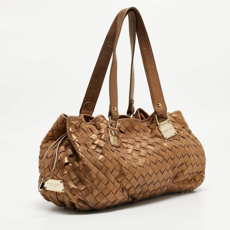 Pre Owned Michael Kors Gold Woven Leather Drawstring Tote