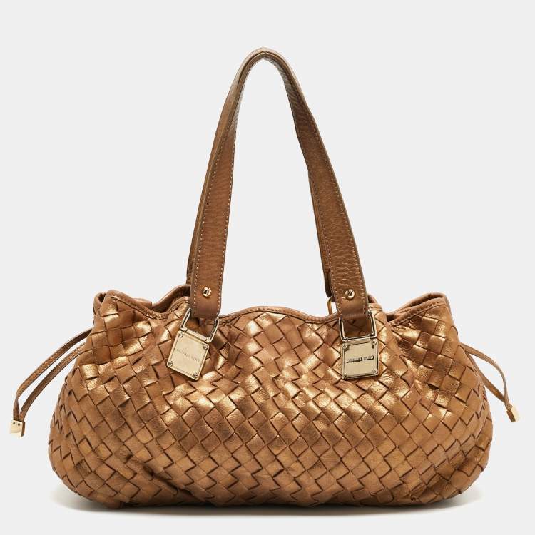Pre Owned Michael Kors Gold Woven Leather Drawstring Tote