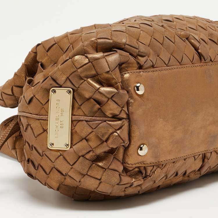 Pre Owned Michael Kors Gold Woven Leather Drawstring Tote