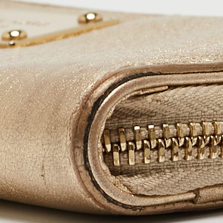 Pre Owned Michael Kors Gold Leather Jet Set Zip Around Continental Wallet