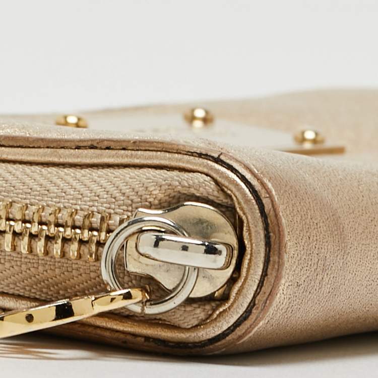 Pre Owned Michael Kors Gold Leather Jet Set Zip Around Continental Wallet