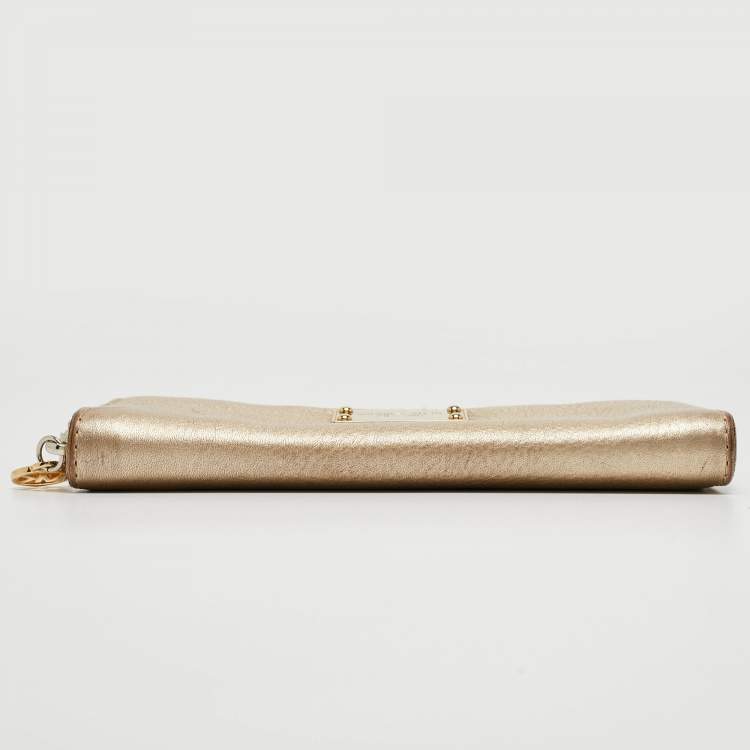 Pre Owned Michael Kors Gold Leather Jet Set Zip Around Continental Wallet