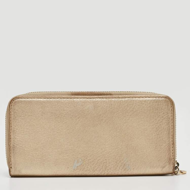 Pre Owned Michael Kors Gold Leather Jet Set Zip Around Continental Wallet