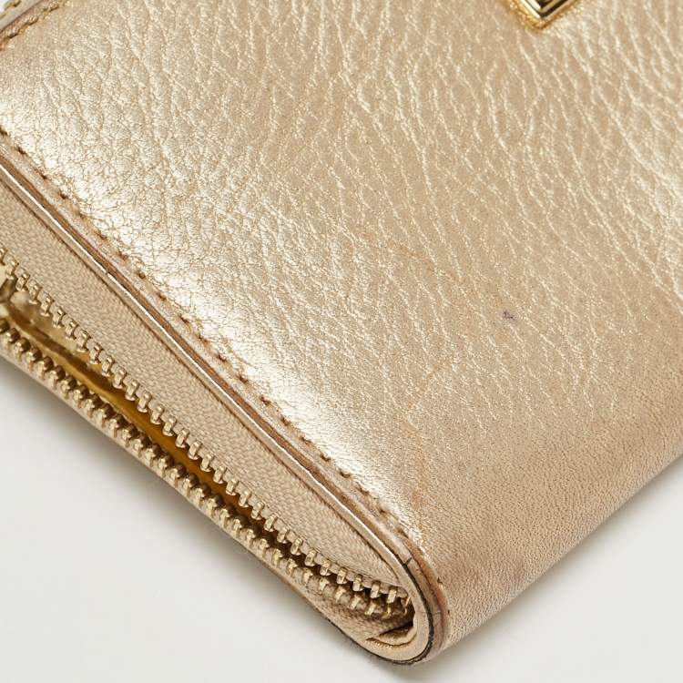 Pre Owned Michael Kors Gold Leather Jet Set Zip Around Continental Wallet
