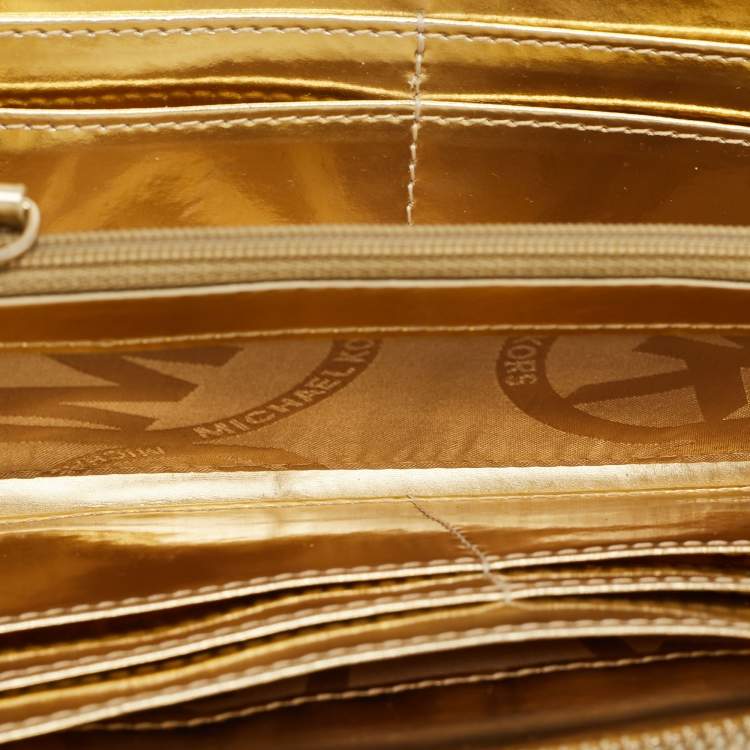 Pre Owned Michael Kors Gold Leather Jet Set Zip Around Continental Wallet