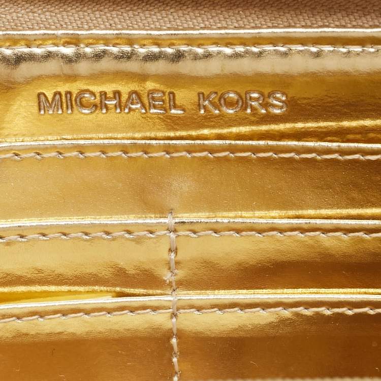 Pre Owned Michael Kors Gold Leather Jet Set Zip Around Continental Wallet