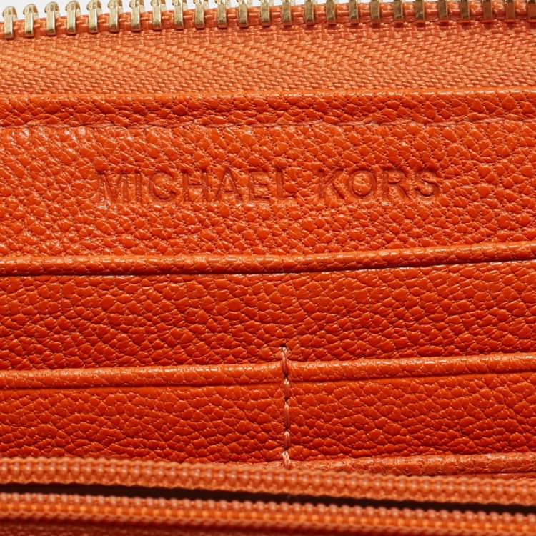 Pre Owned Michael Kors Orange Leather Jet Set Zip Around Wallet