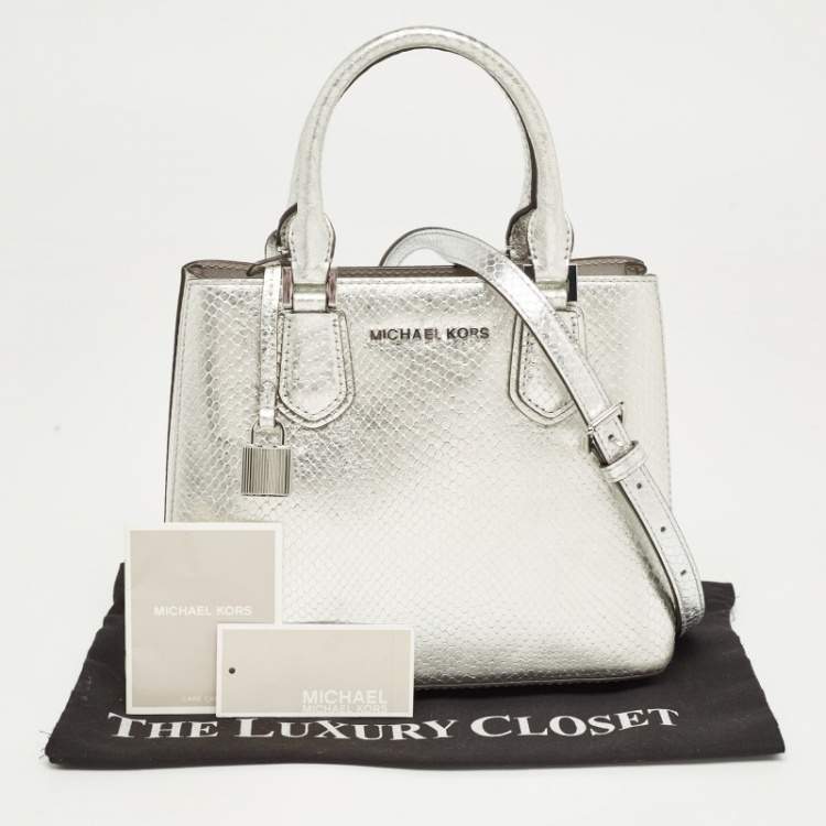 Pre Owned Michael Kors Silver Python Embossed Leather Medium Adele Tote