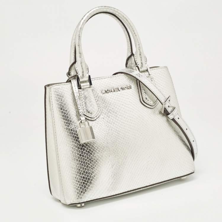 Pre Owned Michael Kors Silver Python Embossed Leather Medium Adele Tote