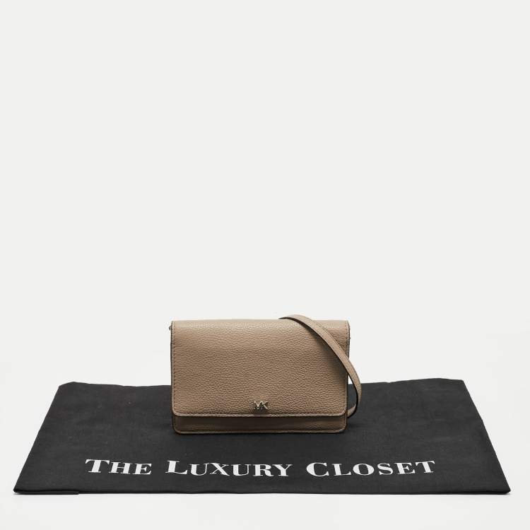 Pre Owned Michael Kors Grey Leather Logo Flap Wallet on Strap