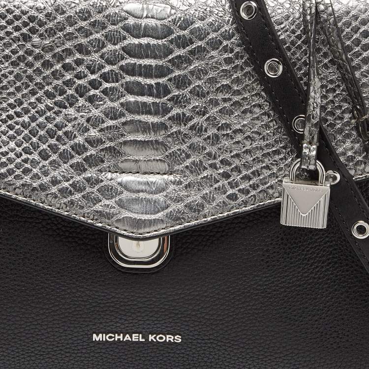 Pre Owned Michael Kors Black/Silver Leather and Snakeskin Embossed Leather Medium Bristol Top Handle Bag