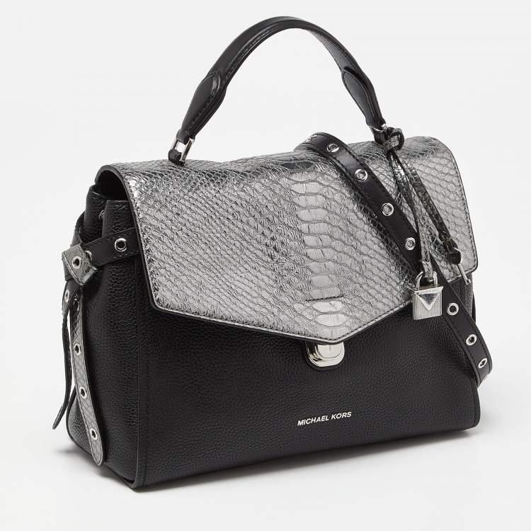 Pre Owned Michael Kors Black/Silver Leather and Snakeskin Embossed Leather Medium Bristol Top Handle Bag
