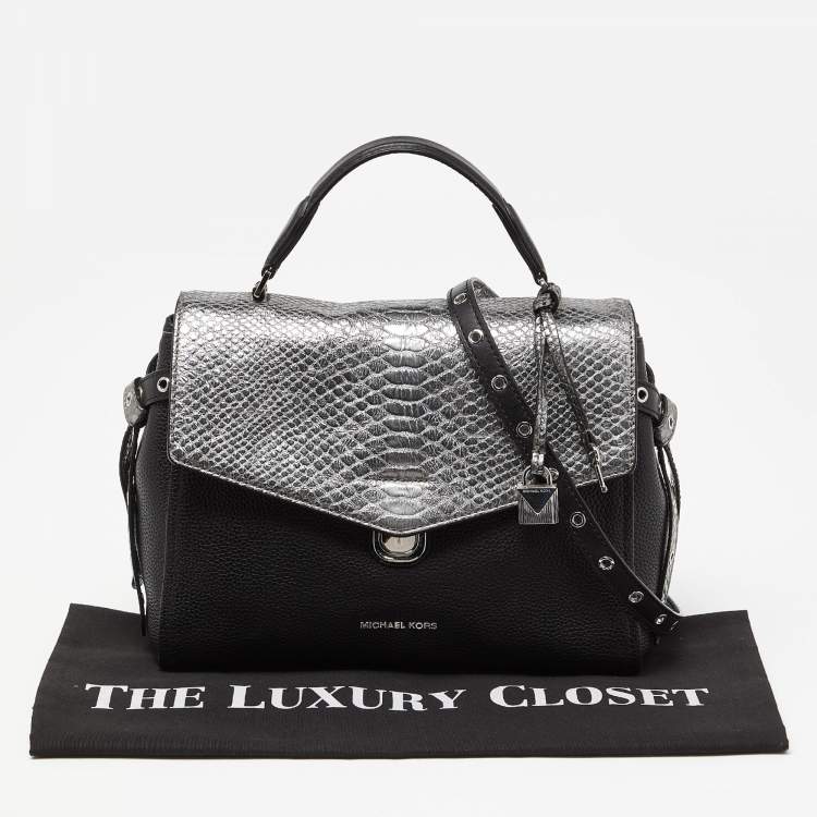 Pre Owned Michael Kors Black/Silver Leather and Snakeskin Embossed Leather Medium Bristol Top Handle Bag