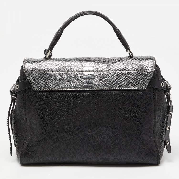 Pre Owned Michael Kors Black/Silver Leather and Snakeskin Embossed Leather Medium Bristol Top Handle Bag