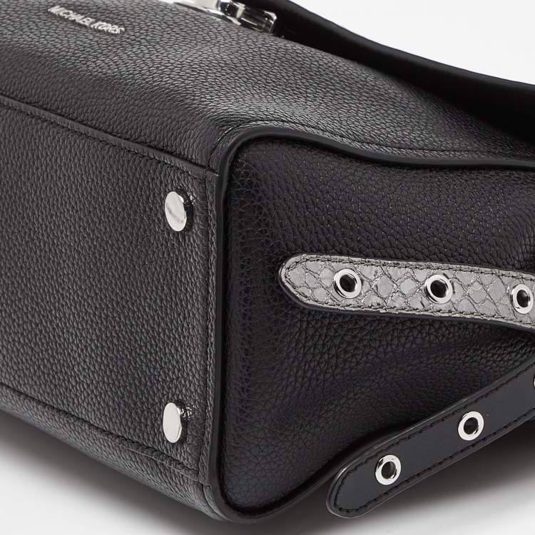 Pre Owned Michael Kors Black/Silver Leather and Snakeskin Embossed Leather Medium Bristol Top Handle Bag