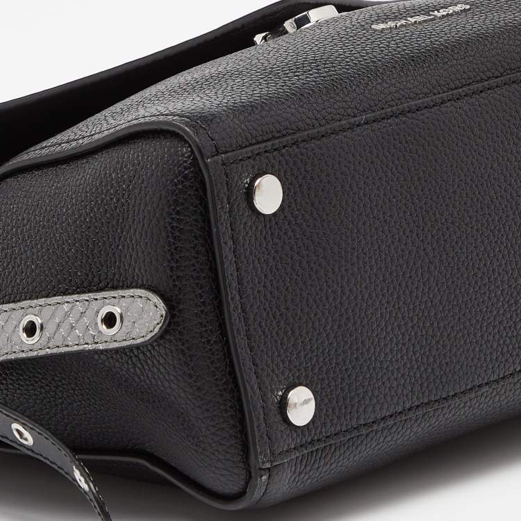 Pre Owned Michael Kors Black/Silver Leather and Snakeskin Embossed Leather Medium Bristol Top Handle Bag