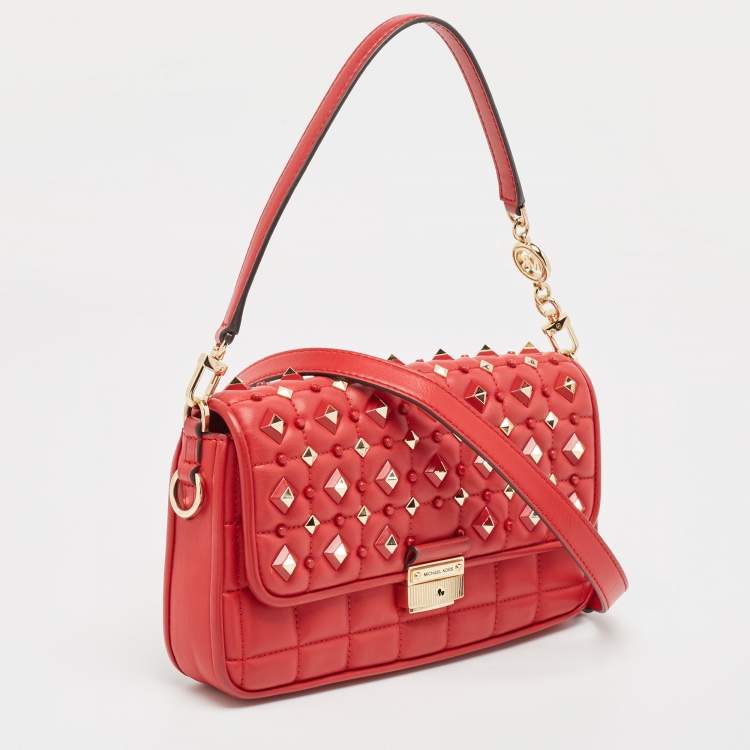 Pre Owned Michael Kors Red Quilted Leather Small Studded Bradshaw Convertible Shoulder Bag