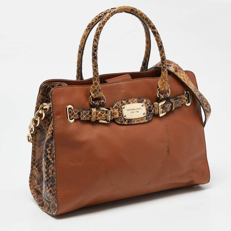 Pre Owned Michael Kors Brown Snakeskin Embossed Leather Hamilton Tote