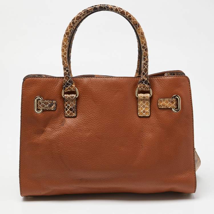 Pre Owned Michael Kors Brown Snakeskin Embossed Leather Hamilton Tote