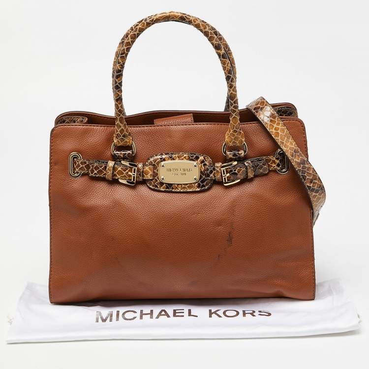 Pre Owned Michael Kors Brown Snakeskin Embossed Leather Hamilton Tote