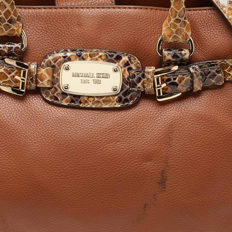 Pre Owned Michael Kors Brown Snakeskin Embossed Leather Hamilton Tote