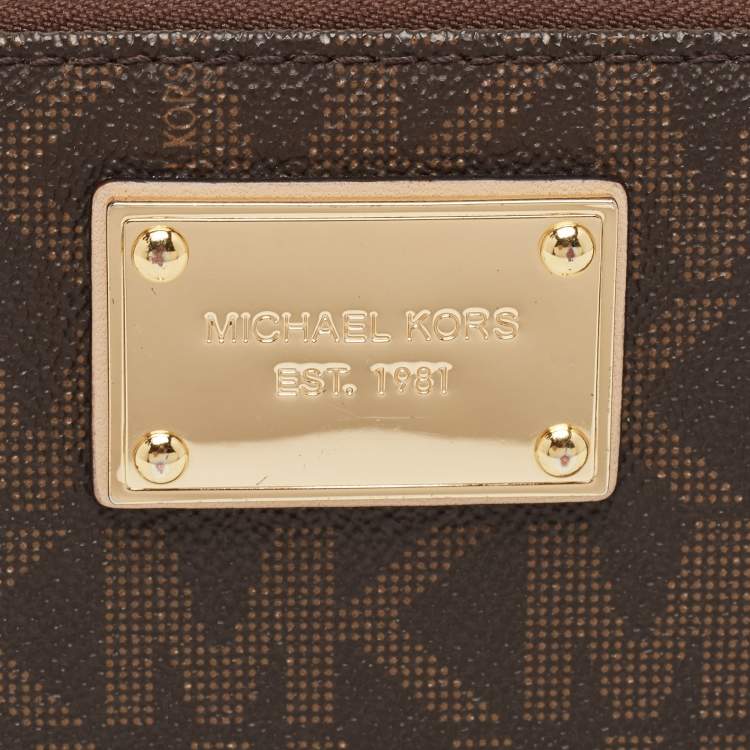 Pre Owned Michael Kors Brown Signature Coated Canvas Logo Zip Around Wallet