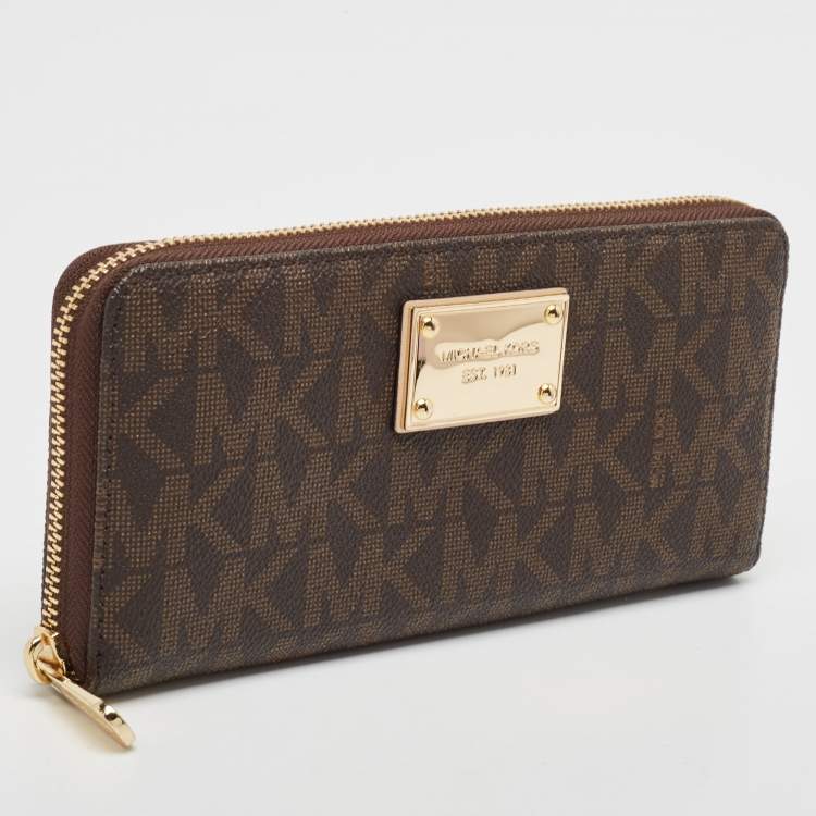 Pre Owned Michael Kors Brown Signature Coated Canvas Logo Zip Around Wallet