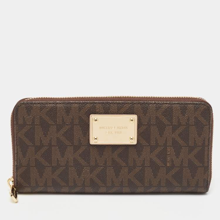 Pre Owned Michael Kors Brown Signature Coated Canvas Logo Zip Around Wallet