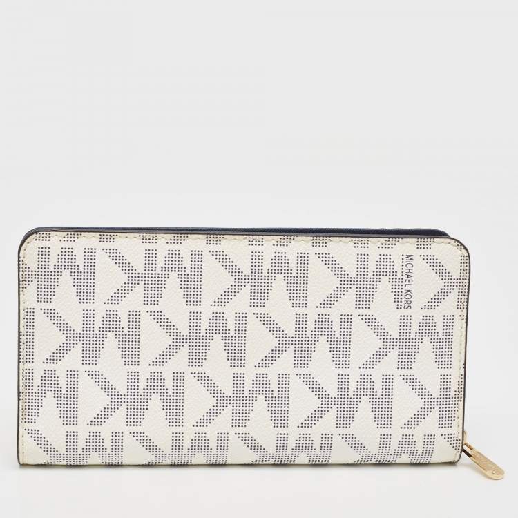 Pre Owned Michael Kors  White/Blue Signature Coated Canvas Hamilton Zip Around Wallet