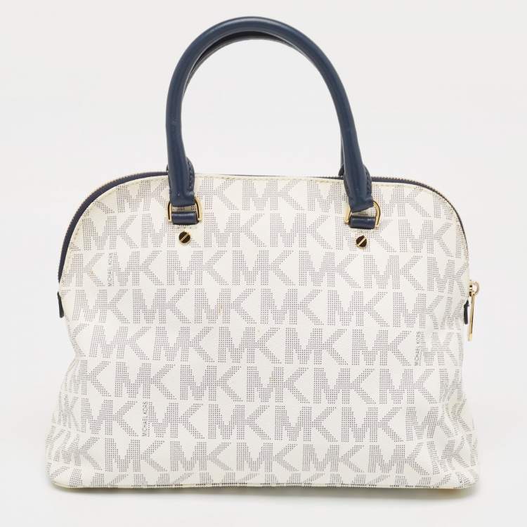 Pre Owned Michael Kors Navy Blue/White Signature Coated Canvas and Leather Large Cindy Dome Bag