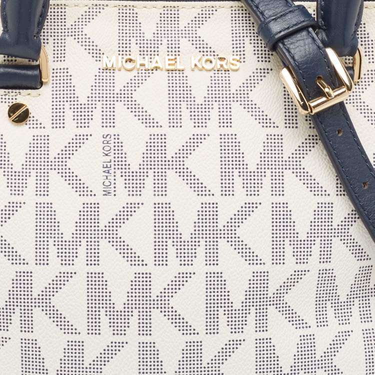 Pre Owned Michael Kors Navy Blue/White Signature Coated Canvas and Leather Large Cindy Dome Bag