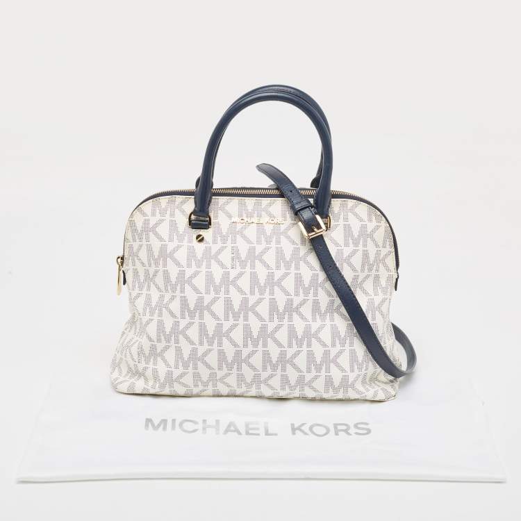 Pre Owned Michael Kors Navy Blue/White Signature Coated Canvas and Leather Large Cindy Dome Bag
