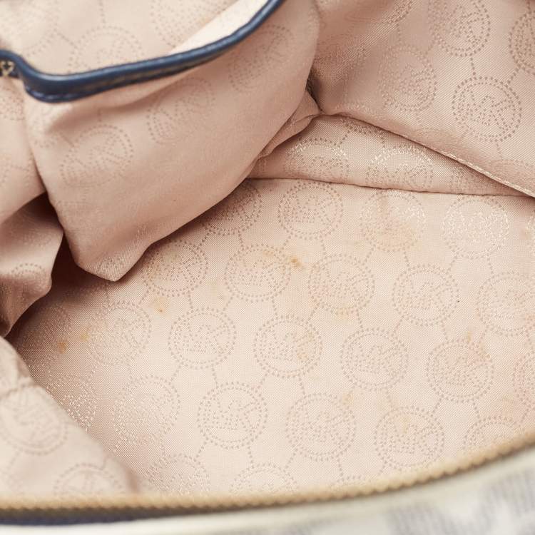 Pre Owned Michael Kors Navy Blue/White Signature Coated Canvas and Leather Large Cindy Dome Bag
