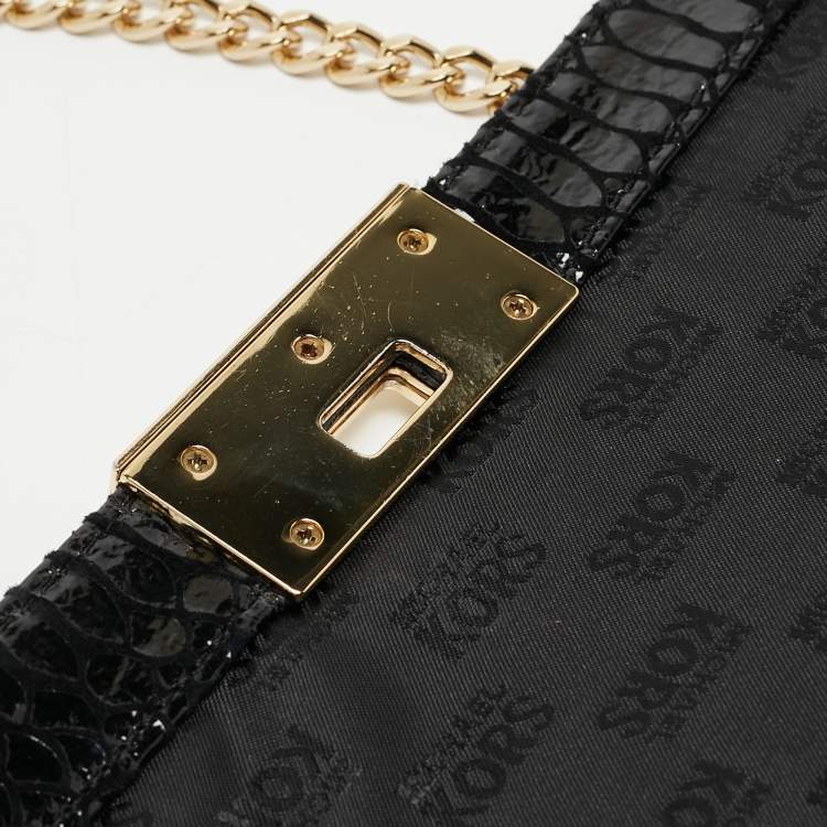 Pre Owned Michael Kors Black Python Embossed Leather Trunlock Slim Chain Bag