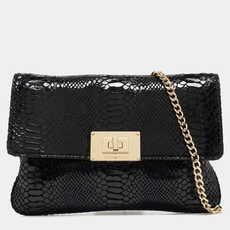 Pre Owned Michael Kors Black Python Embossed Leather Trunlock Slim Chain Bag