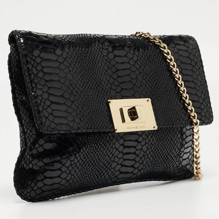 Pre Owned Michael Kors Black Python Embossed Leather Trunlock Slim Chain Bag