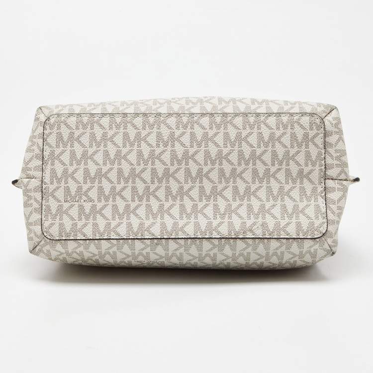 Pre Owned Michael Kors White/Brown Signature Coated Canvas and Leather Small Teagen Bag   