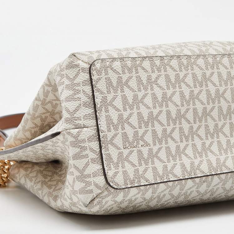 Pre Owned Michael Kors White/Brown Signature Coated Canvas and Leather Small Teagen Bag   
