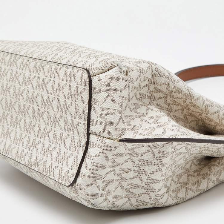 Pre Owned Michael Kors White/Brown Signature Coated Canvas and Leather Small Teagen Bag   