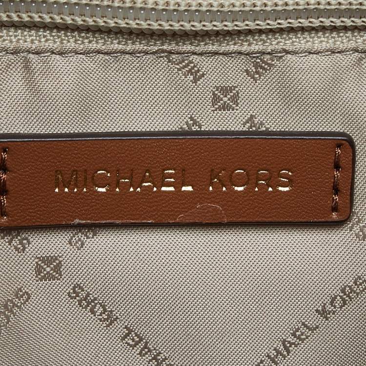 Pre Owned Michael Kors White/Brown Signature Coated Canvas and Leather Small Teagen Bag   