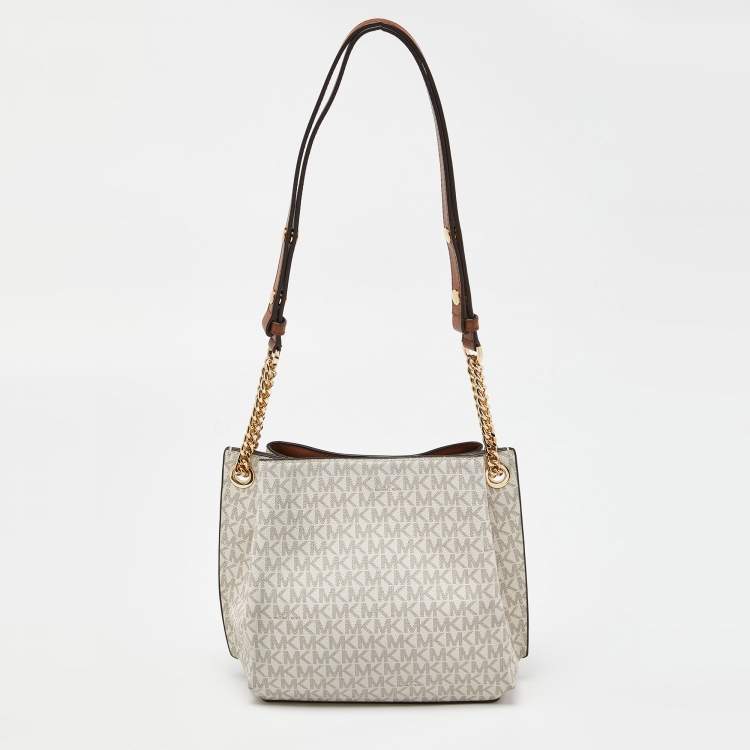 Pre Owned Michael Kors White/Brown Signature Coated Canvas and Leather Small Teagen Bag   