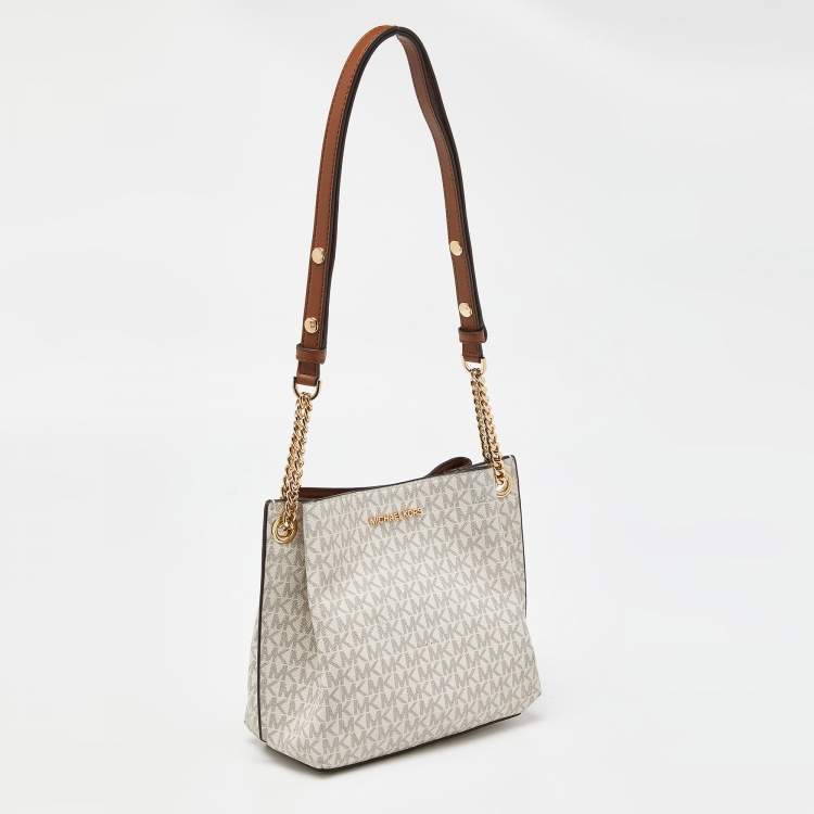 Pre Owned Michael Kors White/Brown Signature Coated Canvas and Leather Small Teagen Bag   