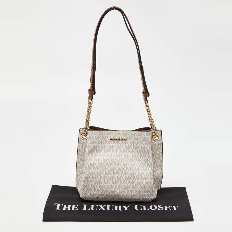 Pre Owned Michael Kors White/Brown Signature Coated Canvas and Leather Small Teagen Bag   